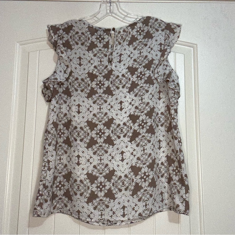 Georgette‎ Blouse Flutter Sleeve Size M Taupe White Feminine Cottagecore Twee - Picture 2 of 10